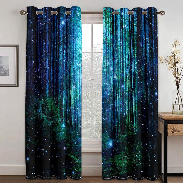 Zweiteiliges Vorhangset mit Wald-Print in Blau, semi-transparentes Dschungel-Motiv mit Wasserfall für Wohnraum und Schlafzimmer, Breite: 60 cm, Höhe: 60 cm pro Stück - Bild 1