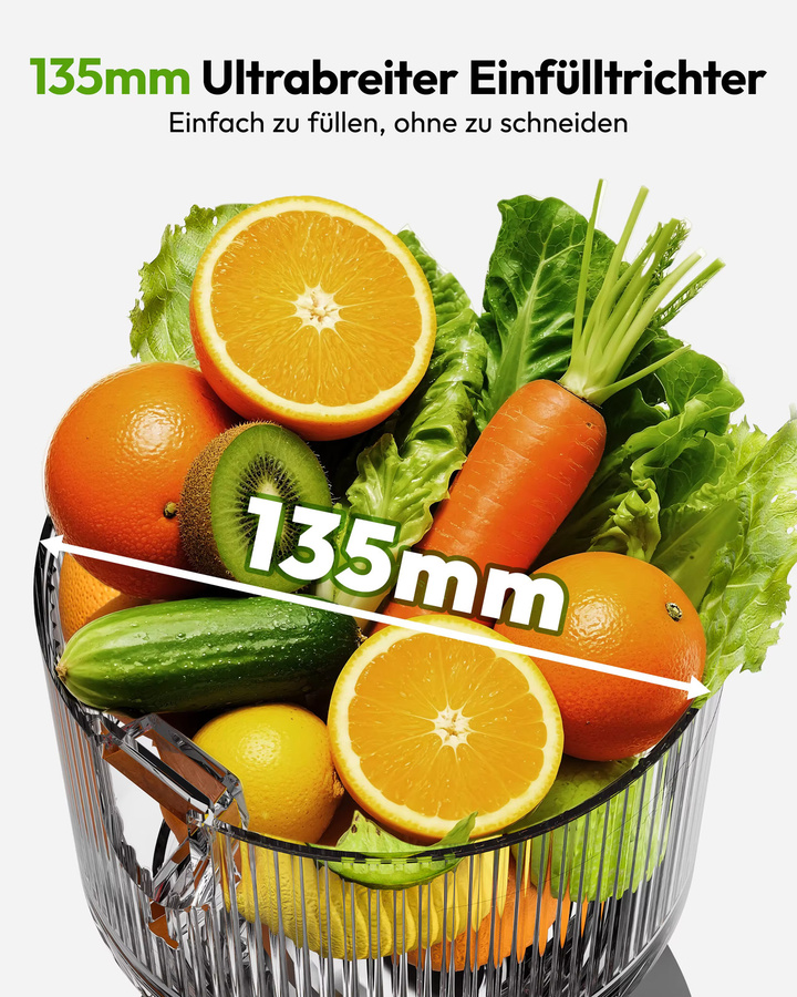 EUHOMY Kaltpressentsafter Slow Juicer mit Dreifachfiltersystem und 135mm Einfüllschacht, 220W, Schwarz, 0,7l für Obst und Gemüse - Bild 4