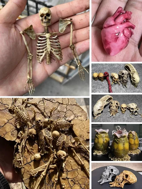 Antike Miniatur-Horror-Dekoration für Puppenhäuser mit Skelett, Schädel und Herz aus Kunststoff - Bild 1