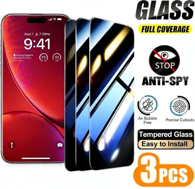 SnakeGlass 3er-Pack Anti-Spionage Vollbild-Displayschutzfolie aus gehärtetem Glas mit 9H Härte für iPhone 17 16 15 14 13 12 11 Pro Max Plus und Air Modelle - Bild 1
