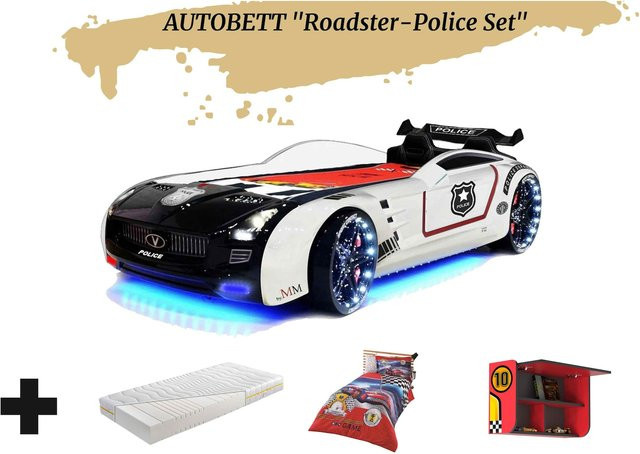 Autobett Kinderbett Roadster Police mit LED, Sound und Sportsitzen in Schwarz-Weiß, B/T/H: 90 x 190 cm - Bild 1