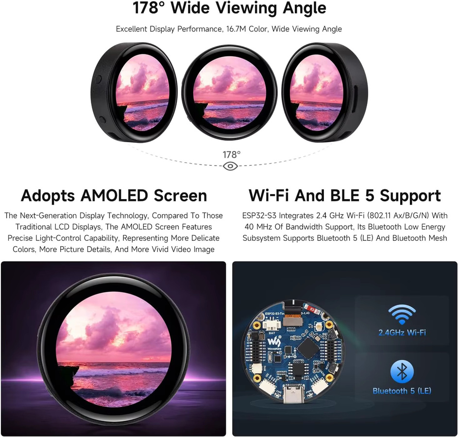 Waveshare ESP32-S3 Entwicklungsboard mit 1,43 Zoll AMOLED Rundes Touchscreen Display 466 x 466 Pixel Schwarz - Bild 3
