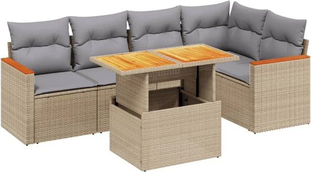 vidaXL 6-tlg. Garten-Sofagarnitur aus Polyrattan in Beige mit Kissen und Couchtisch, L-Form für Terrasse und Garten - Bild 1