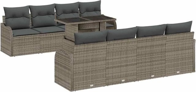 vidaXL Garten-Sofa-Set aus Polyrattan in Grau, 9-teiliges L-Shape Lounge-Set mit Kissen, Eckelementen, 3-Sitzer-Sofa und Couchtisch inklusive integriertem Kissen-Stauraum - Bild 1