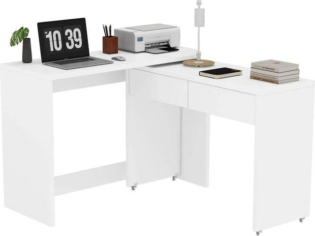 okwish Ausziehbarer Schreibtisch mit Rollen und faltbarer Platte, Weiß, B: 110 cm, T: 40 cm, H: 78 cm - Bild 1