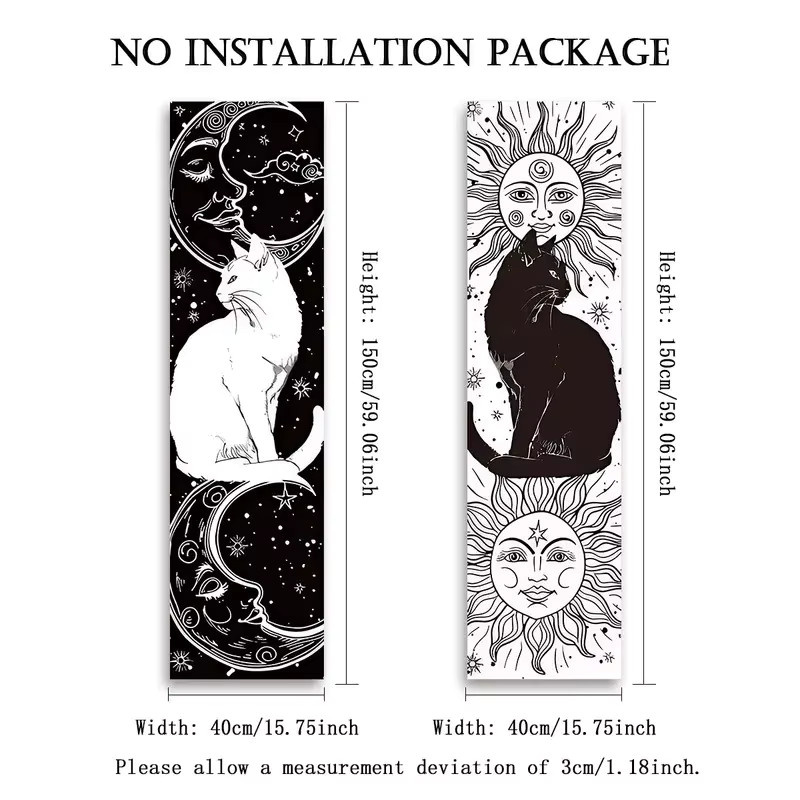 VIKAMA Kunst-Wandteppich mit Katzen- und Himmelsmotiven in Schwarz-Weiß, Boho-Stil Wandbehang mit Tiermotiven, Breite: 150 cm, Höhe: 40 cm - Bild 3