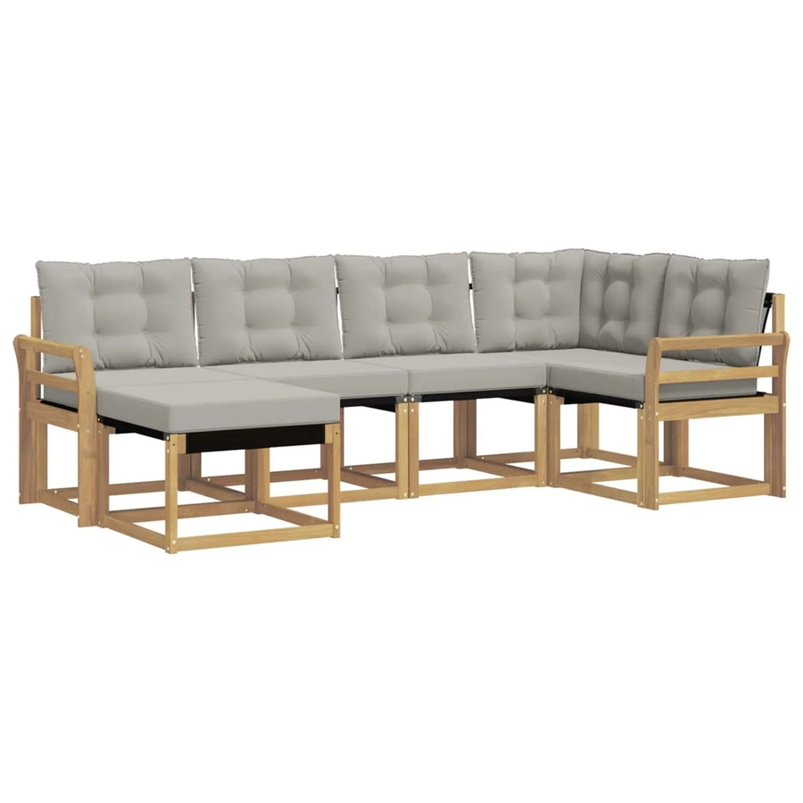 vidaXL Outdoor-Sofagarnitur 6-teilig in L-Form aus Akazienholz mit Textilene-Bezug und Kissen, Weiß-Hellgrau - Bild 2