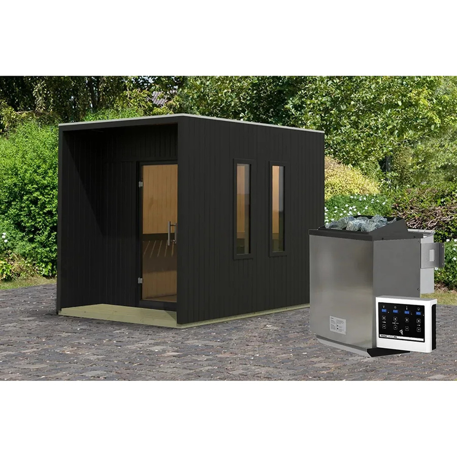 Karibu Saunahaus Set Rapallo in Schwarz aus Fichte mit 9 kW Bio Ofen und externer Steuerung - Bild 2