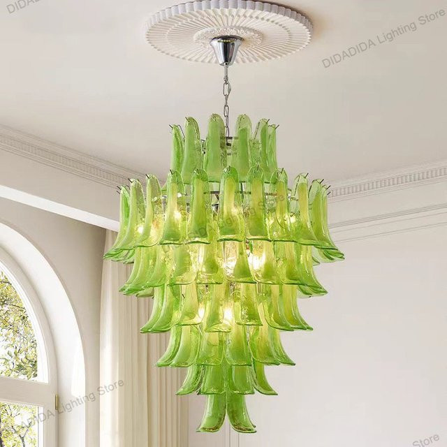 Murano Hufeisen-Glas-Pendelleuchte mit Blütenblatt-Design in Mehrfarbig und Gold/Messing, moderne Deckenlampe mit Glas und Messing - Bild 1