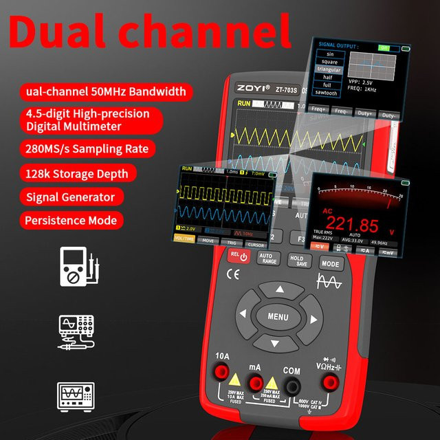ZOYI ZT-703S 3-in-1 Oszilloskop-Multimeter mit 3,5 Zoll IPS-Display, 50MHz Bandbreite und 280MSa/s, Farbe: Rot - Bild 1