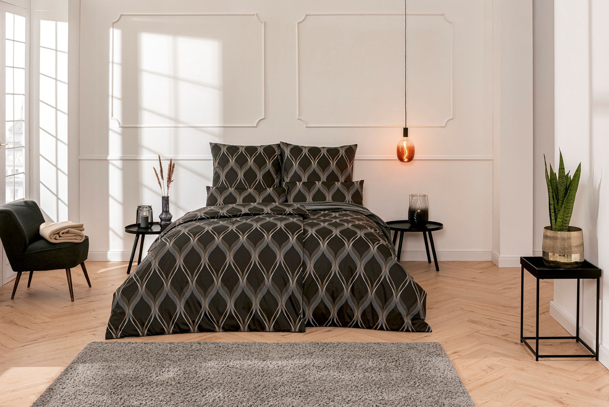 Estella Mako-Satin Bettwäsche Lyanna Graphit Braun Wellen, Bettbezug 155 x 220 cm und Kissenbezug 80 x 80 cm - Bild 1