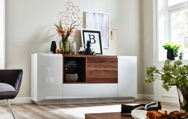 Sideboard MONDO PRISMA MEDIA in Walnuss und Weiß, Modernes Wohnzimmer-Sideboard aus Holz und Lack - Bild 1