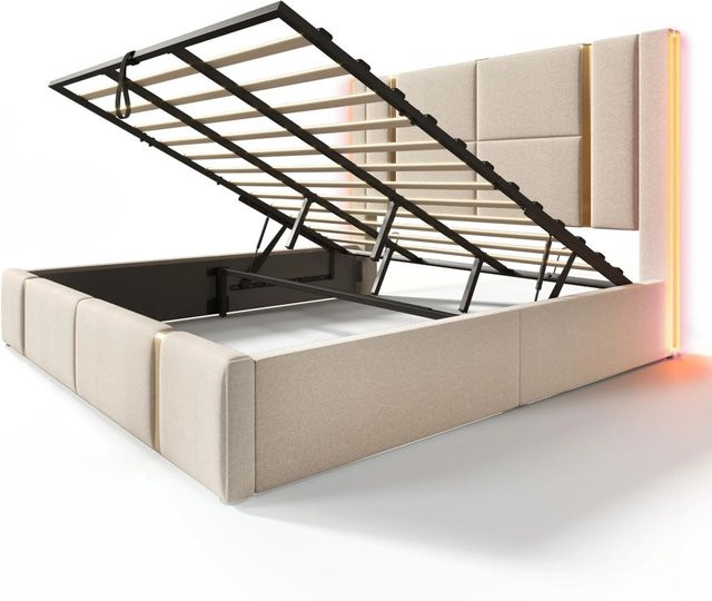 Merax Polsterbett mit Lift-up-Funktion und LED-Unterbettbeleuchtung in Beige, B/T/H: 180 x 200 x 186 cm - Bild 1