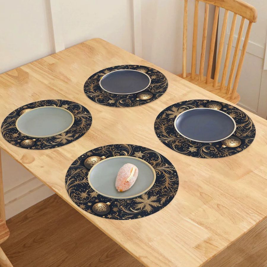 VIKAMA 4-teiliges Set ovale Weihnachts-Tischsets in Dunkelblau mit Goldmuster - Bild 3