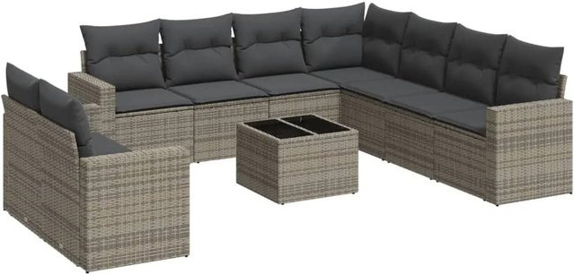 vidaXL 10-tlg. Garten-Sofagarnitur in L-Form aus grauem PE-Rattan mit Kissen und pulverbeschichtetem Stahlgestell - Bild 1