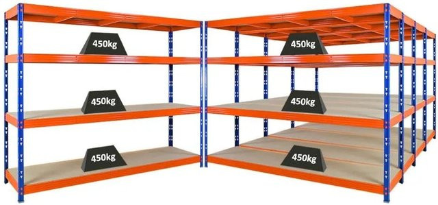 5er Set PROREGAL Rhino Profi Schwerlastregal mit 4 verstellbaren Spanplatten-Ebenen, Blau/Orange, B/H/T: 240 x 180 x 60 cm - Bild 1