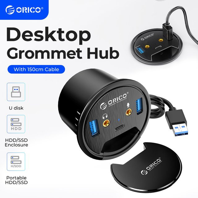 ORICO Desktop Grommet USB 3.0 Hub mit USB-C, Kartenleser und 3,5 mm Kopfhörer-Mikrofon-Anschluss in Schwarz - Bild 1