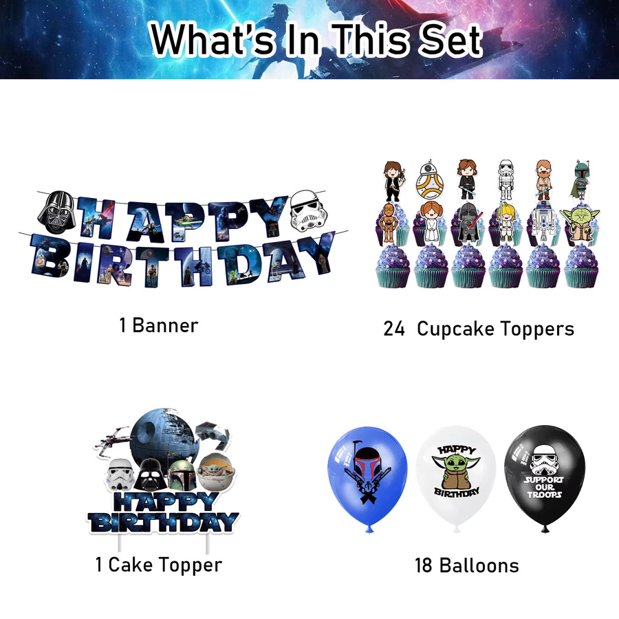 Star Wars Party-Dekorationsset mit Yoda Motiv, Latex- und Folienballons, Happy Birthday Banner und Tortendekoration in Mehrfarbig - Bild 2