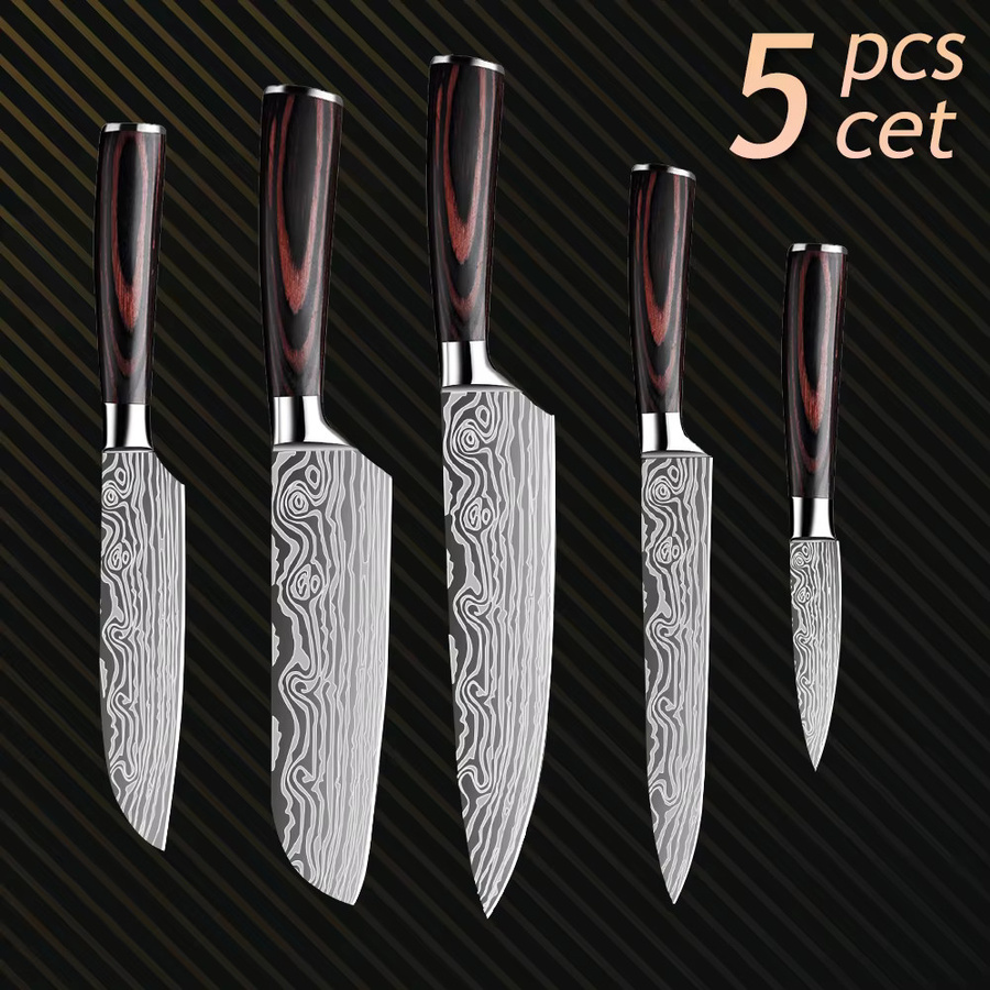 ZENG Küchenmesser-Set mit Lasermuster und ergonomischem Holzgriff in Schwarz, inklusive Santoku-Schneidemesser und Kochmesser - Bild 2