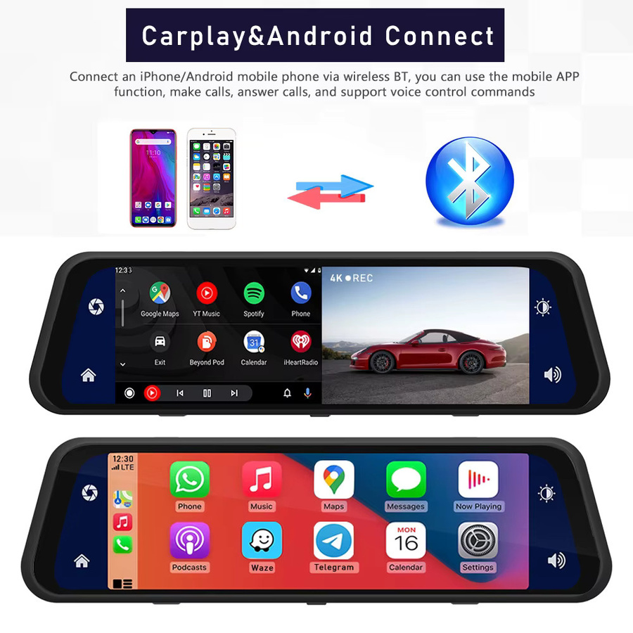 USEEBEE Dash Cam 4K UHD Rückspiegel mit Android Auto, Apple CarPlay, GPS und 5G WIFI in Schwarz - Bild 3