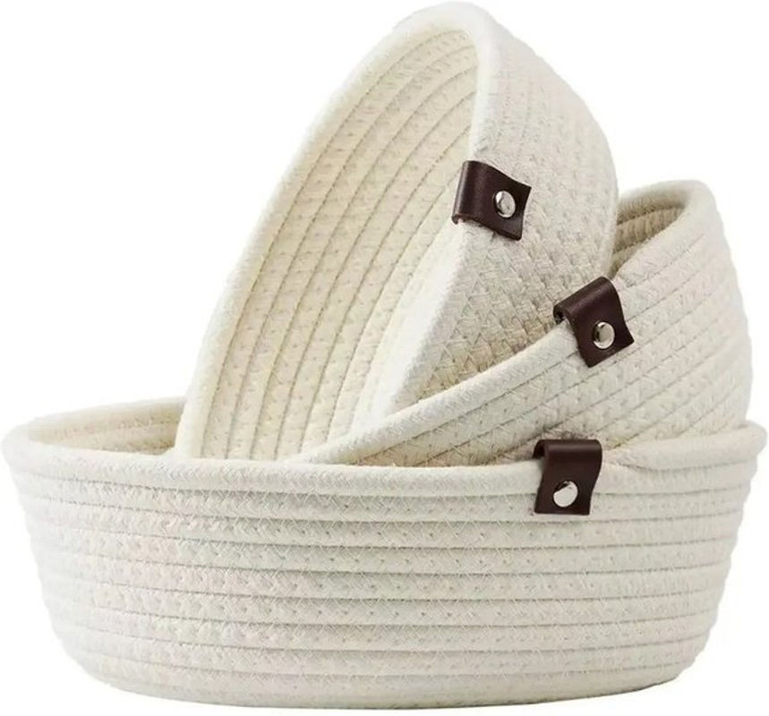 3-teiliges Aufbewahrungskorb-Set aus weißer Baumwolle, gewebte Seilkörbe mit Griffen im minimalistischen Design - Bild 1