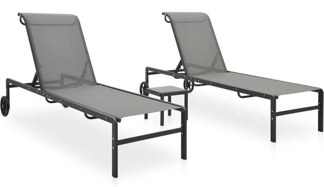 vidaXL Sonnenliegen-Set 2-teilig mit Tisch aus Textilene und pulverbeschichtetem Stahl in Grau - Bild 1