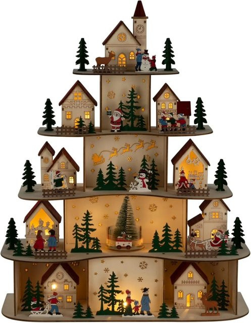 Konstsmide Holzsilhouette Weihnachtsdorf mit 19 LEDs und 5 Ebenen in Beige und Braun für deine Weihnachtsdekoration - Bild 1