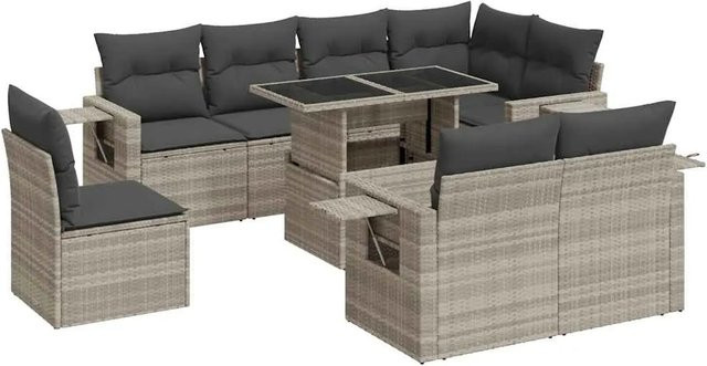 vidaXL 9-tlg. Garten-Sofagarnitur in L-Form mit Kissen und Couchtisch, Hellgrau, Poly-Rattan und Metallrahmen - Bild 1