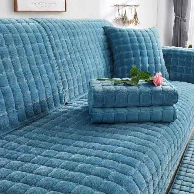 BC-Warm Home Samt-Sofabezug in Blau mit Karomuster, rutschfester Plüsch-Bezug aus Mikrofaser für dein Wohnzimmer - Bild 1