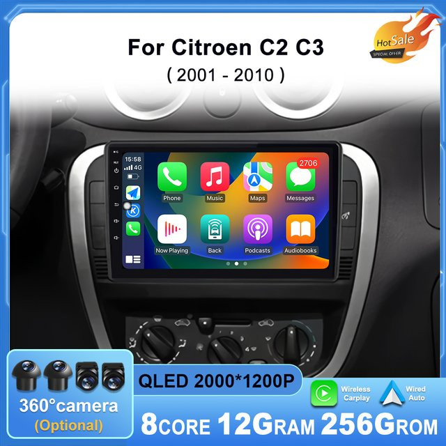 KJ-NAVI Android 14 Multimedia Player für Citroen C2 C3 mit GPS Navigation, CarPlay und QLED Bildschirm, Schwarz - Bild 1