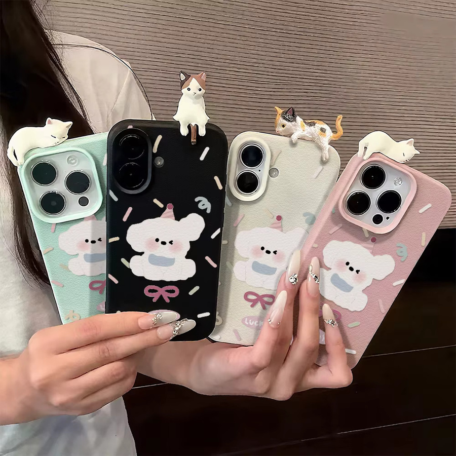 Handyhülle mit 3D Hund und Katze Motiv im Lychee Muster für Apple iPhone 17 Pro Max, 16, 15, 14, 13, 12 und 11 Modelle - Bild 4