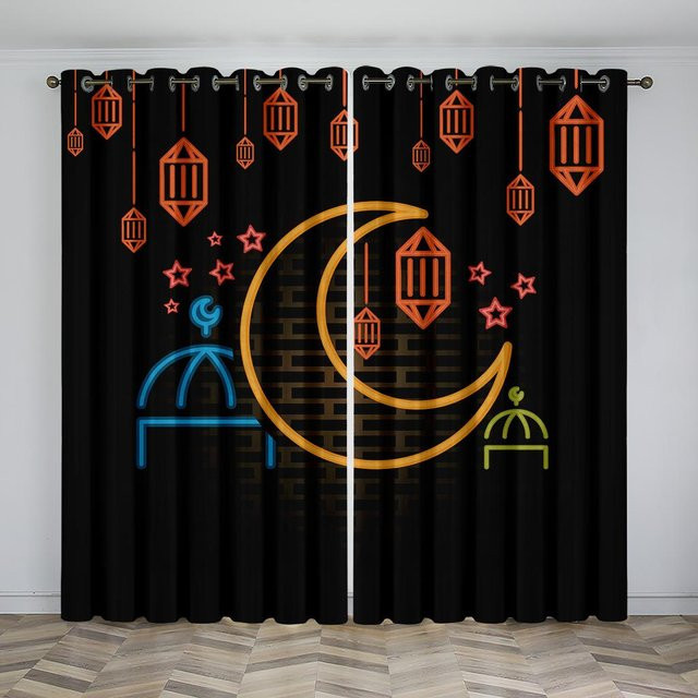 Goldene dekorative Eid al-Fitr Vorhänge mit Textur, 2-teiliges Set, halbtransparent, Breite: 100 cm, Höhe: 130 cm - Bild 1