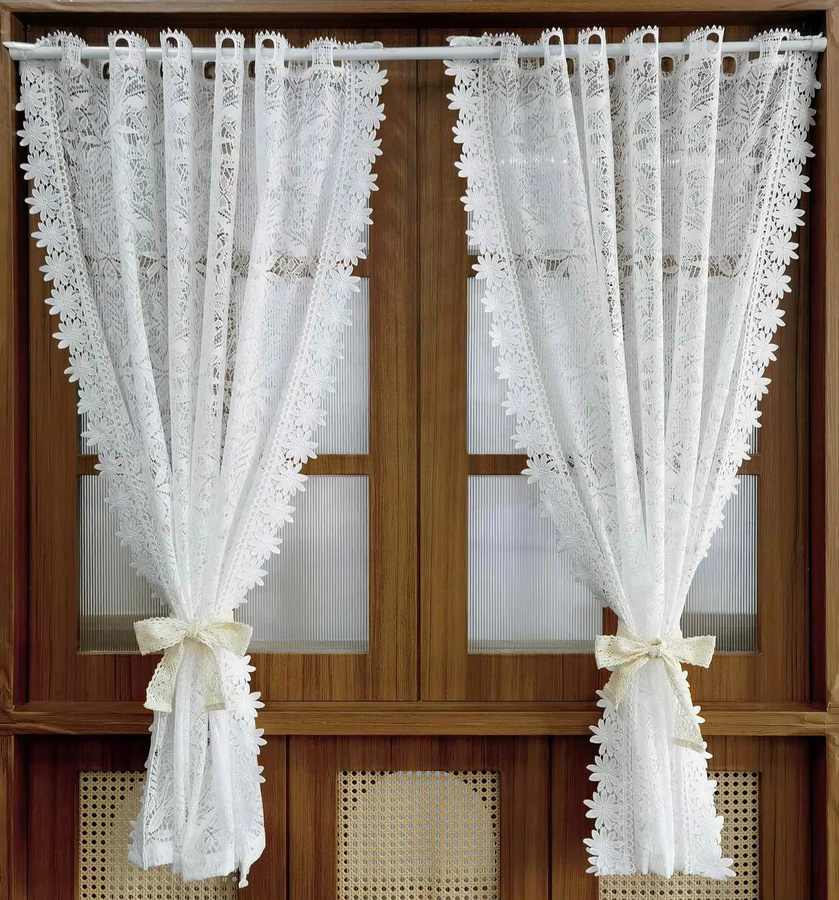 AiFish Kurzvorhang aus weißem Tüll mit floraler Spitze im Shabby Chic Stil, Breite: 120 cm, Höhe: 100 cm - Bild 2