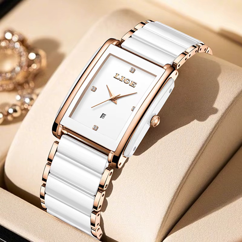 LIGE Armbanduhr, Quarz, Edelstahl, Eckig, Schwarz, Damen - Bild 2