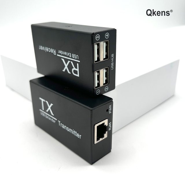 Qkens 4-Port USB-Extender Set in Schwarz für bis zu 120 m über CAT6-Ethernet-Kabel zur Verbindung von Laptop, PC, Tastatur, Maus und USB-Flash-Disk - Bild 1