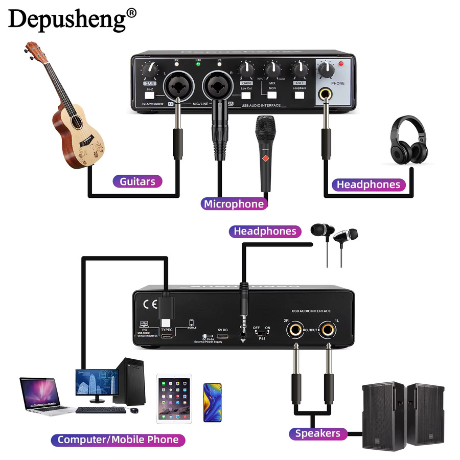 Depusheng MD32 Audio-Interface USB-C Professionelle Soundkarte in Schwarz für E-Gitarre, Live-Aufnahme und Studio-Gesang mit Monitoring - Bild 4