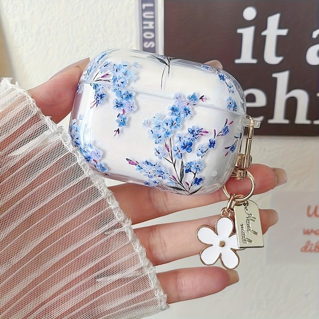 Transparente Schutzhülle mit blauem Blumenmuster für Apple AirPods Pro, Pro 2, Pro 3 und AirPods 4/3/2/1 - Bild 1