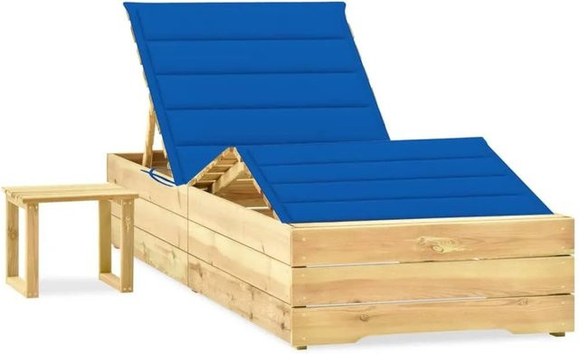 Furnicato Garten-Sonnenliege aus imprägniertem Kiefernholz mit Tisch, Auflage und Seitentisch in Königsblau, B/T/H: 198 x 90 x 30-75 cm - Bild 1