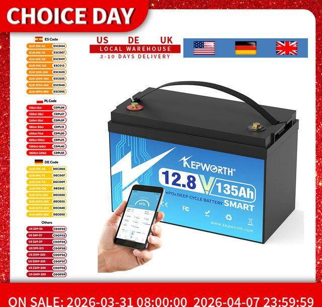 KEPWORTH 12V 135Ah LiFePO4-Akku mit Bluetooth und 100A BMS in Schwarz - Bild 1