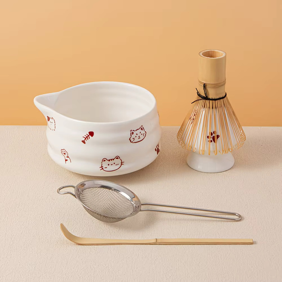 yumiplus 5-teiliges Matcha-Mix-Set mit Katzen-Design in Weiß zur Herstellung von Matcha-Latte - Bild 2