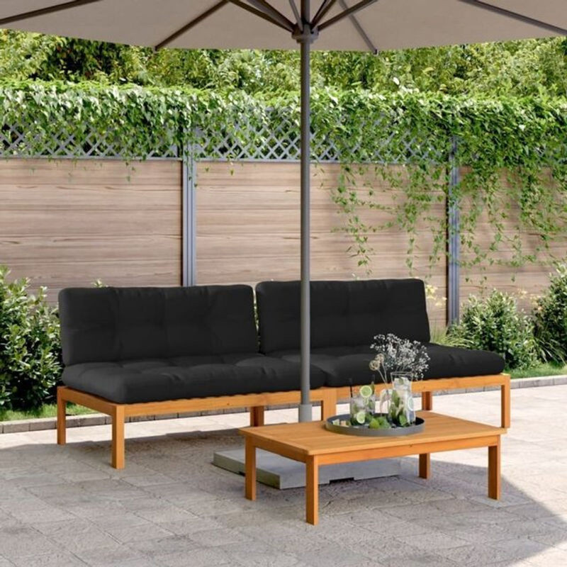 vidaxl Garten-Mittelsofas aus Akazienholz mit Kissen, 2er-Set, modular segmentiert, braun/schwarz - Bild 1