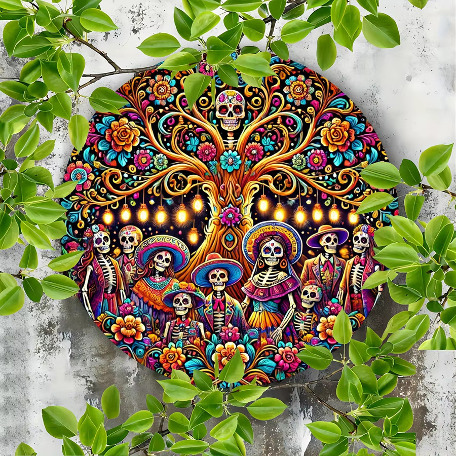 Rundes Metallschild Potdemiel Tag der Toten und Cinco de Mayo mit Vintage Totenkopf- und Blumenkranz-Design, Mehrfarbig, Durchmesser: 20 cm - Bild 4