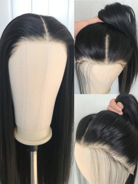 Schwarze Lace-Front-Perücke für Damen, 66 cm, lang, gerade, Synthetik - Bild 1