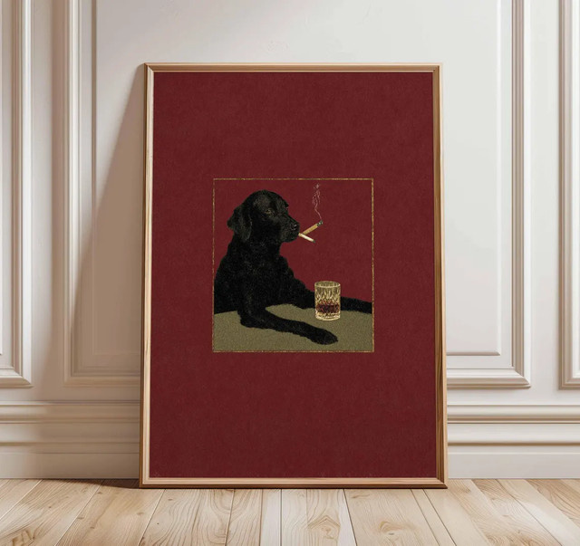 Retro Smoking Dog Poster SHENCHEN Wandkunst mit schwarzem Hund in Schwarz und Rot als grafischer Papierposter für deine Bar-Lounge Dekoration - Bild 1