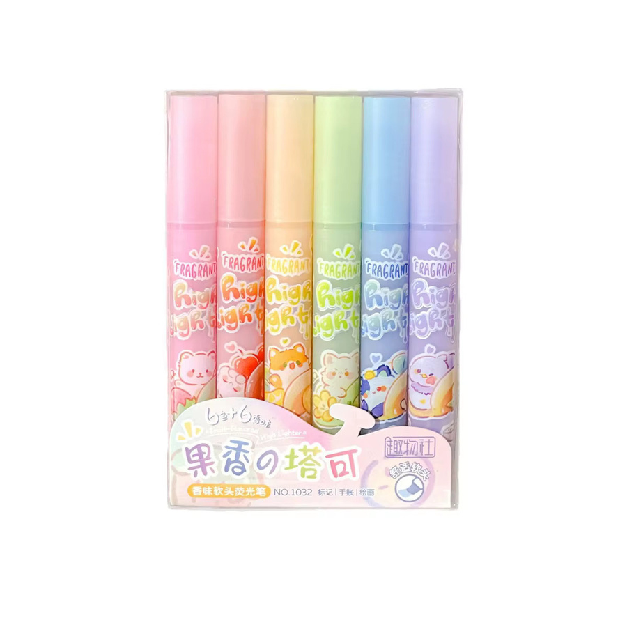 6er Set Textmarker in Pastellfarben mit Fruchtduft und abgeschrägter Spitze für Schule und Büro - Bild 2