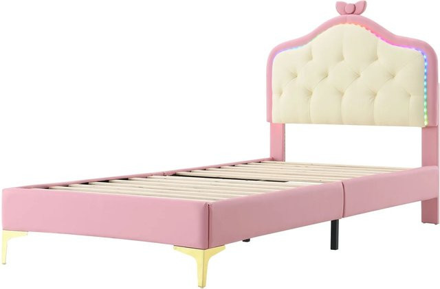 KOMHTOM Polsterbett für Kinder in Rosa und Weiß mit Holzlattenrost und Unterbettbeleuchtung, B/T/H: 90 x 200 x 112 cm - Bild 1