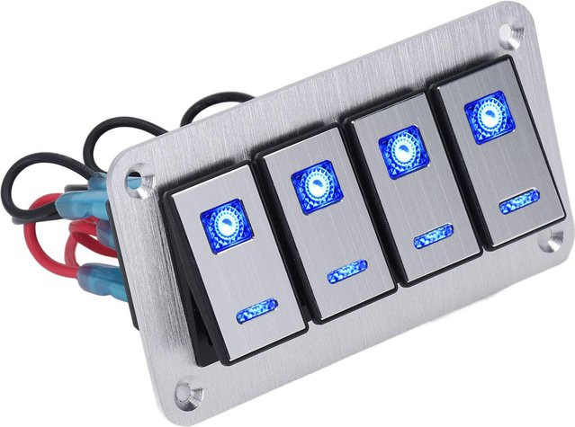 Fishine 4-Wege-Kippschalterpanel 5-polig mit blauer Hintergrundbeleuchtung aus Aluminiumlegierung in Grau für Autos, Wohnmobile, Busse, Anhänger und UTV - Bild 1