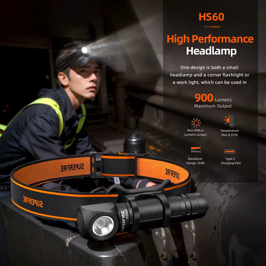 SUPERFIRE HS60 LED-Magnetstirnlampe in Schwarz, wiederaufladbarer USB-C Scheinwerfer mit 900 lm und 18650 Akku für die Arbeit - Bild 2
