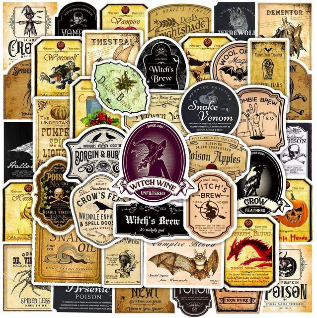 50 Stück Halloween Flaschenetiketten Aufkleber von Binchi Outdoor Product im Retro Horror Gothic Zaubertrank Design für Scrapbooking und Dekoration, Mehrfarbig - Bild 1