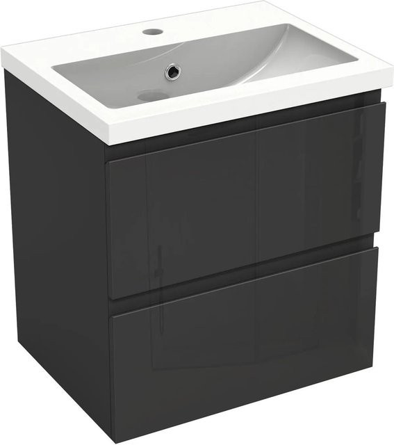 AICA Badmöbel Set Aalst: 2-teiliges Waschtisch-Set mit Mineralguss-Waschbecken und Unterschrank in Schwarz Hochglanz, Wandmontage, Breite: 50 cm - Bild 1